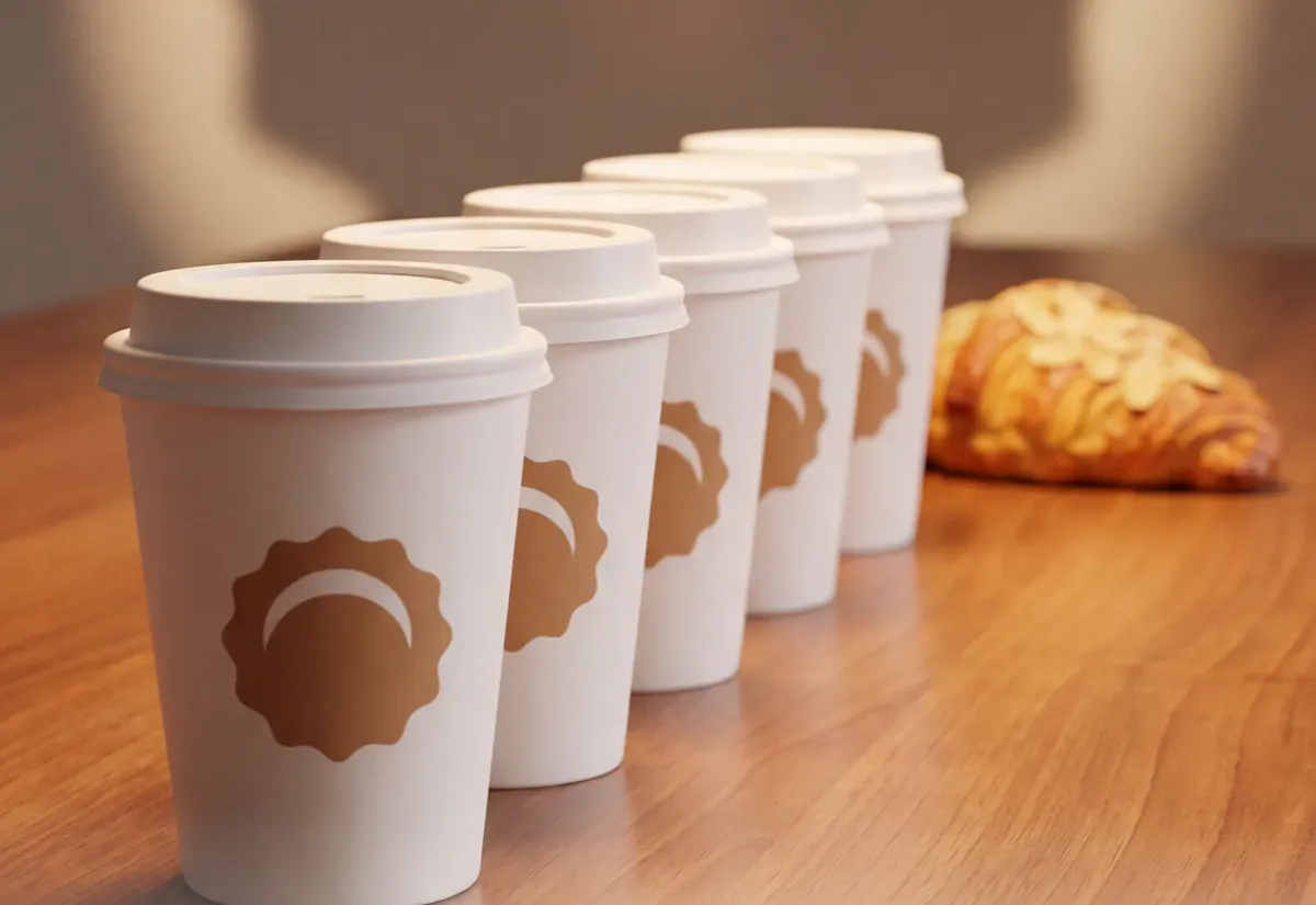 Five takeaway coffee cups lined up on a counter, each with a loyalty stamp